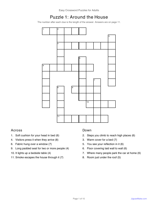 First page of the Easy Crossword Puzzles for Adults PDF: a around the house crossword grid with numbered across and down clues