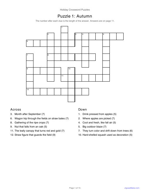 First page of the Holiday Crossword Puzzles PDF: a autumn crossword grid with numbered across and down clues
