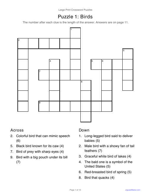 First page of the Large Print Crossword Puzzles PDF: a birds crossword grid with numbered across and down clues