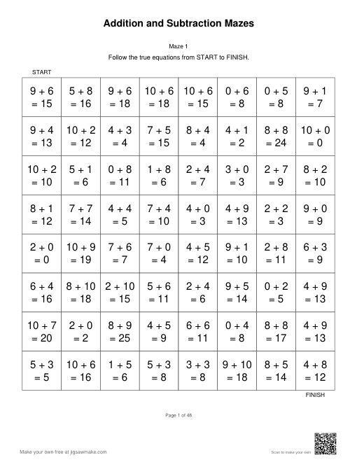 First worksheet of Addition and Subtraction Mazes: an 8 by 8 grid of equations with a printed rule