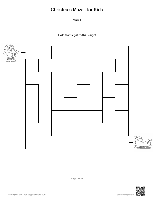 First page of Christmas Mazes for Kids: 8 by 8 rectangular maze. Help Santa get to the sleigh!