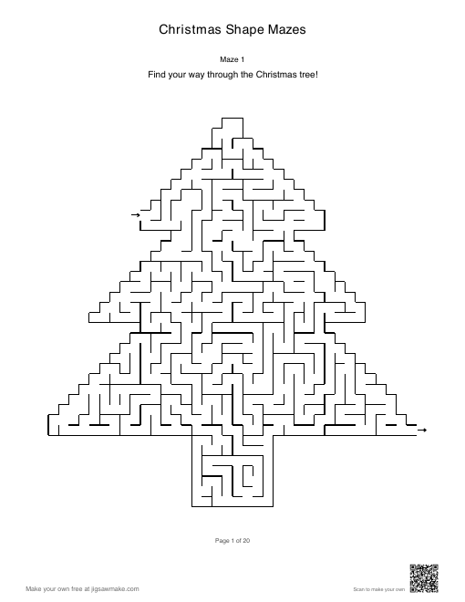 First page of Christmas Shape Mazes: 40 by 40 Christmas tree-shaped maze. Find your way through the Christmas tree!