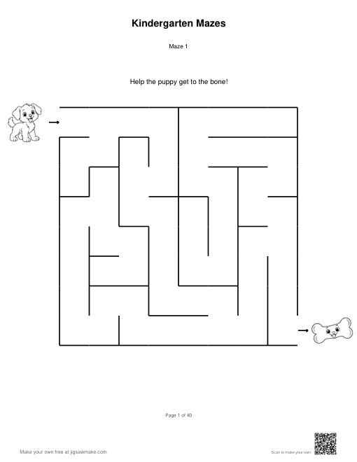 First page of Kindergarten Mazes: 8 by 8 rectangular maze. Help the puppy get to the bone!