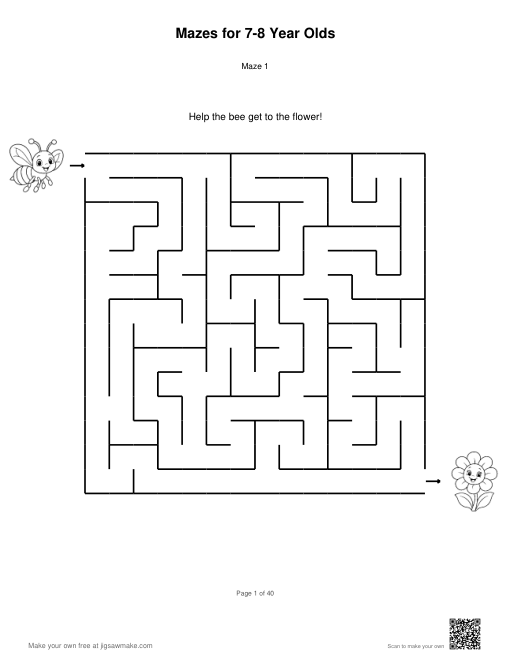 First page of Mazes for 7-8 Year Olds: 14 by 14 rectangular maze. Help the bee get to the flower!