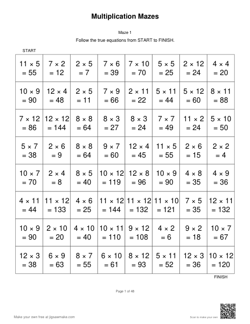 First worksheet of Multiplication Mazes: an 8 by 8 grid of equations with a printed rule
