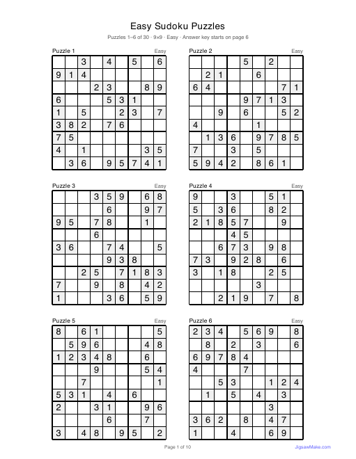 First page of the Easy Sudoku Puzzles PDF: six easy 9×9 sudoku grids