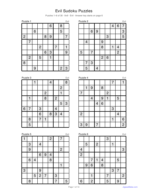 First page of the Evil Sudoku Puzzles PDF: six evil 9×9 sudoku grids