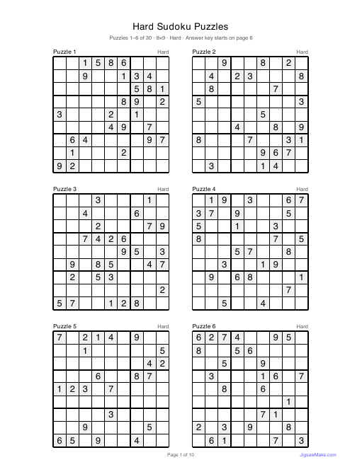 First page of the Hard Sudoku Puzzles PDF: six hard 9×9 sudoku grids