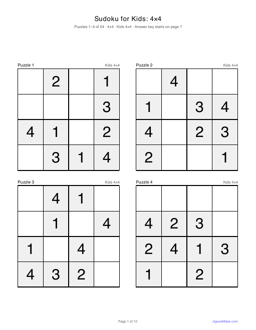 First page of the Sudoku for Kids: 4×4 PDF: four 4×4 sudoku grids for kids