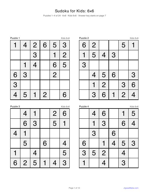 First page of the Sudoku for Kids: 6×6 PDF: four 6×6 sudoku grids for kids