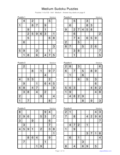 First page of the Medium Sudoku Puzzles PDF: six medium 9×9 sudoku grids